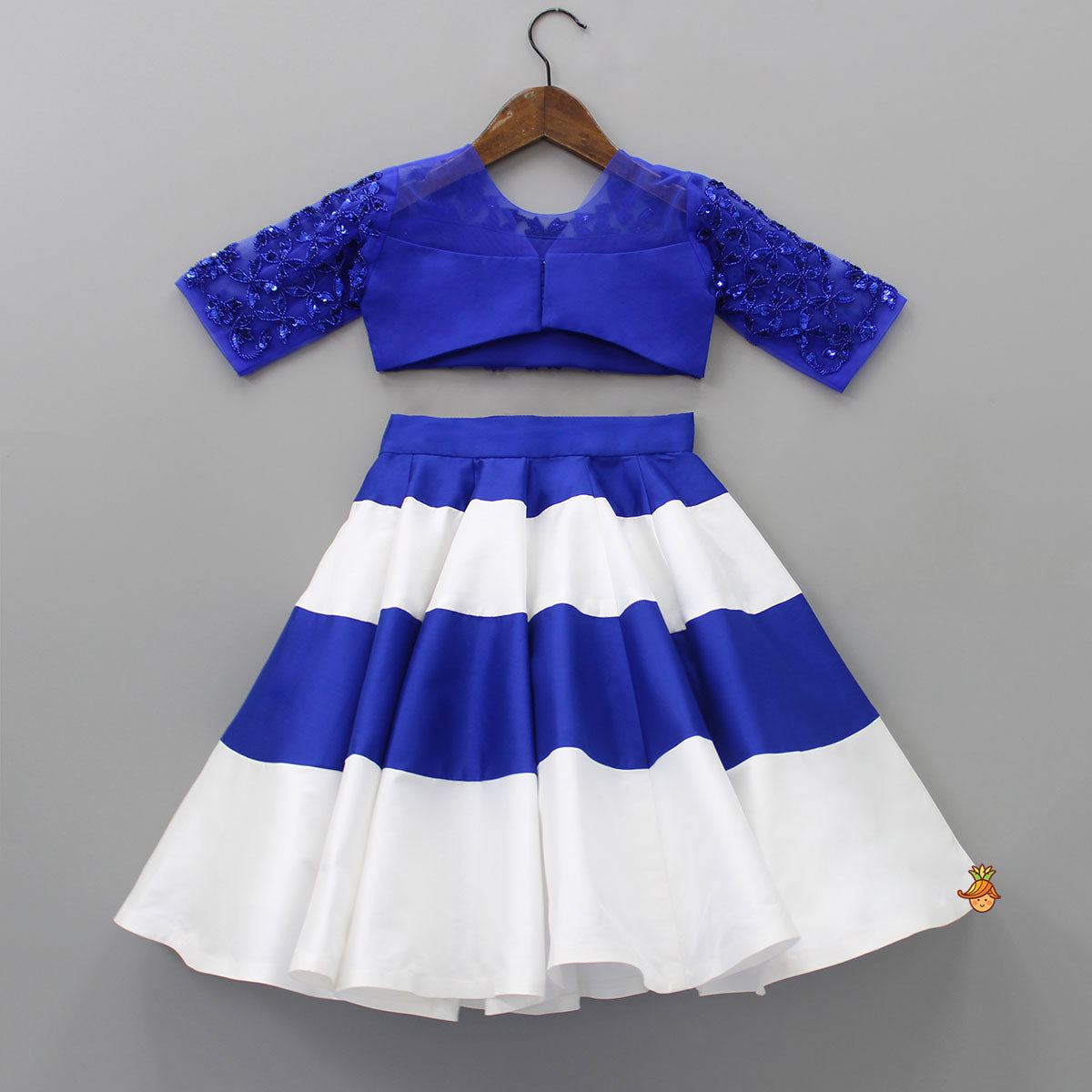 Pre Order: Heavy Embroidered Blue Top And Colour Block Lehenga With Stylish Dupatta