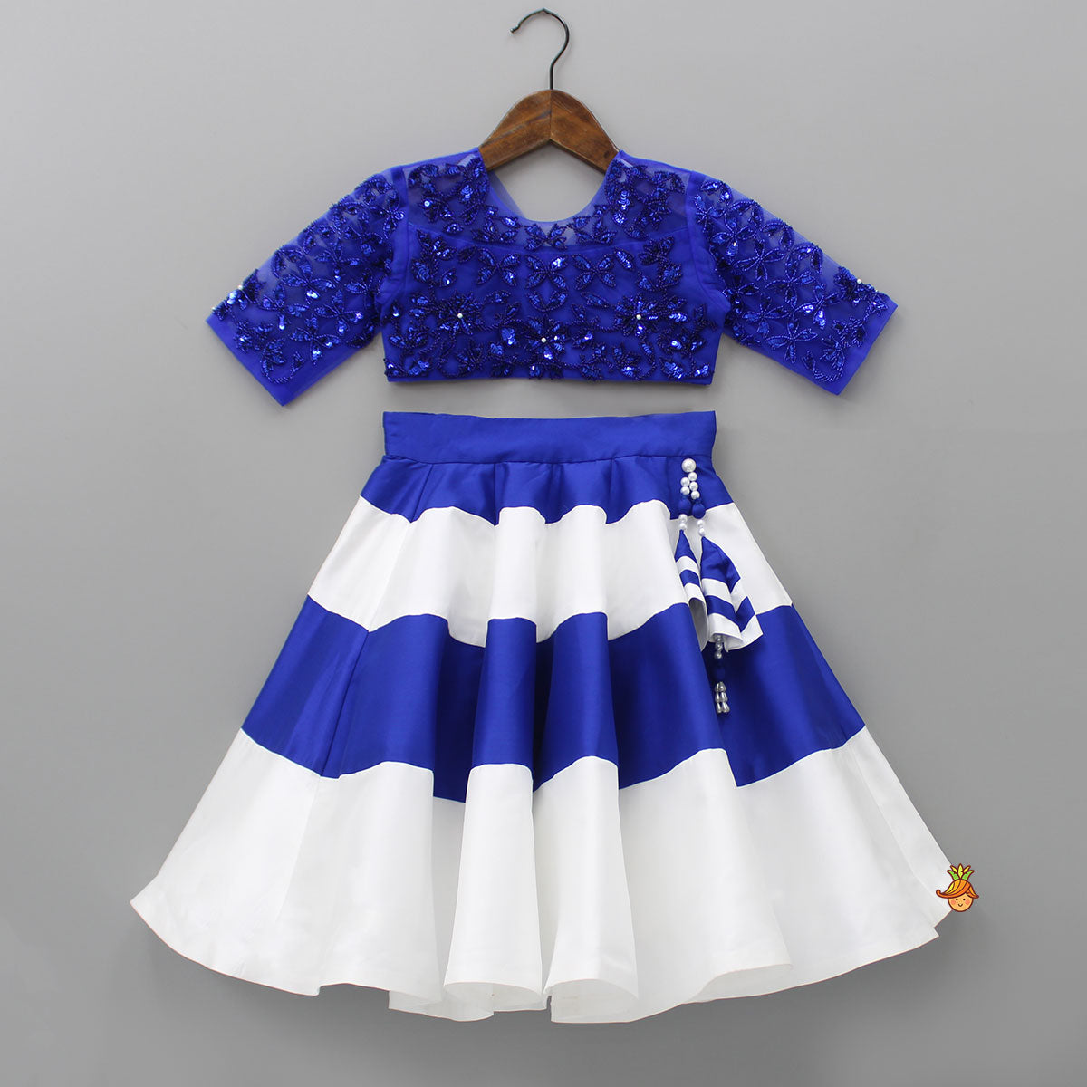 Pre Order: Heavy Embroidered Blue Top And Colour Block Lehenga With Stylish Dupatta
