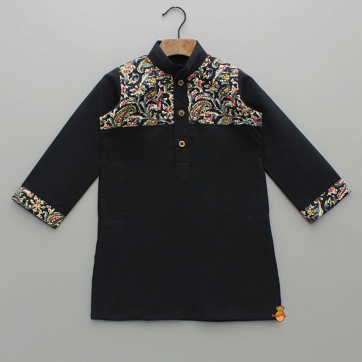 Pre Order: Printed Yoke Black Kurta And Pyjama