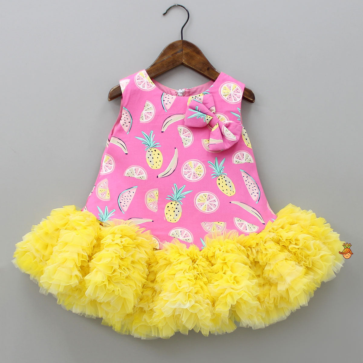 Fruit Printed Dual Tone Dress With Ruffle Hem