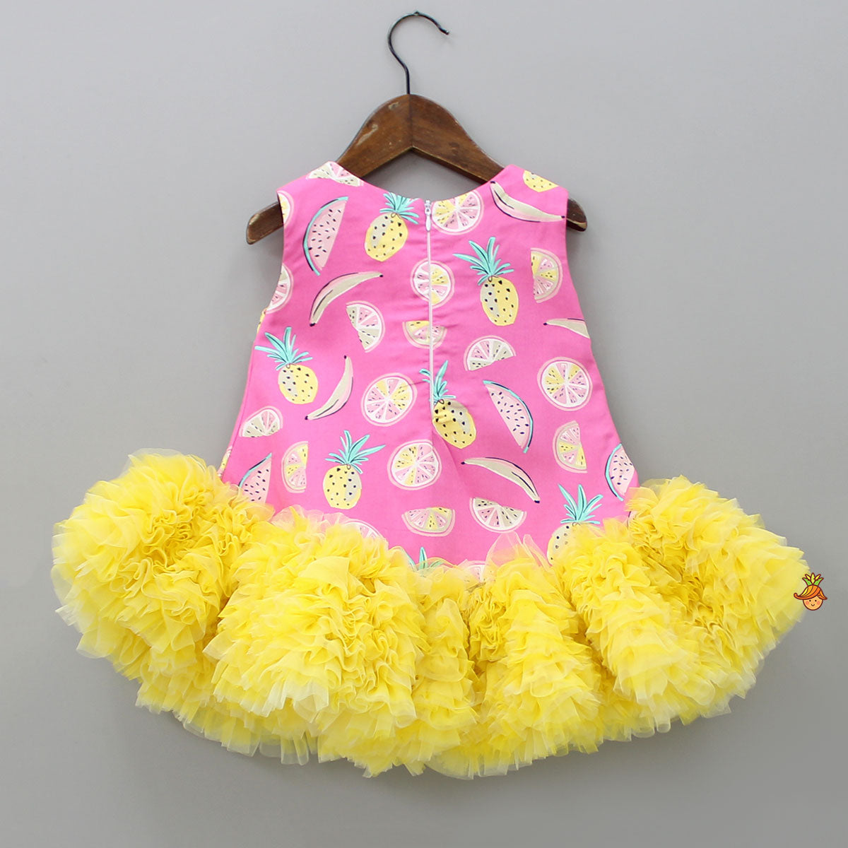 Fruit Printed Dual Tone Dress With Ruffle Hem