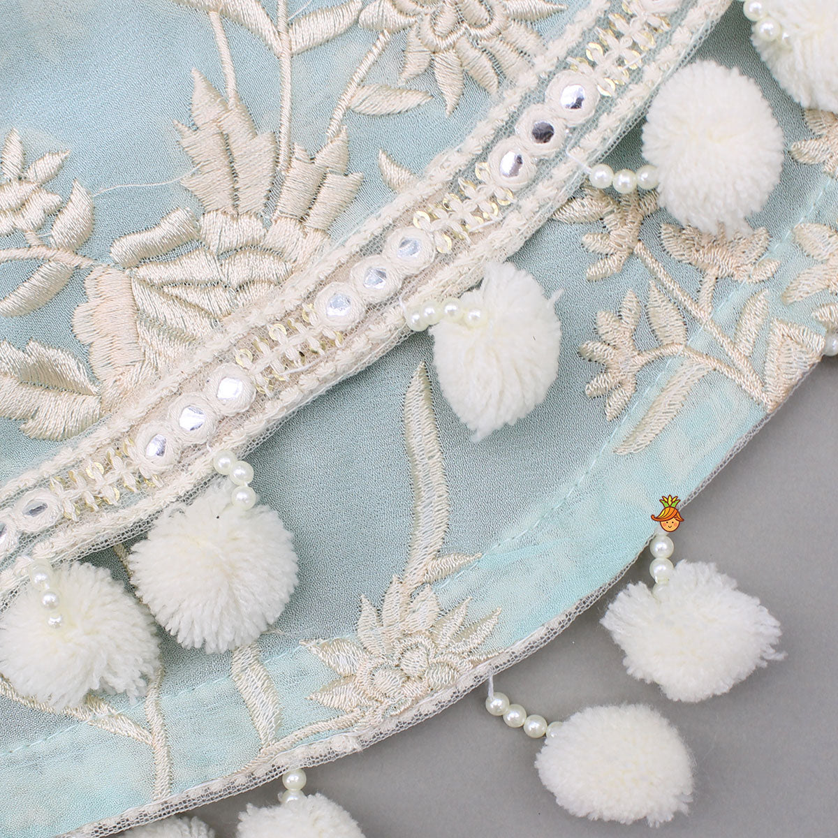 Pre Order: Blue Top With Pom Poms Detailed Embroidered Cape And Palazzo