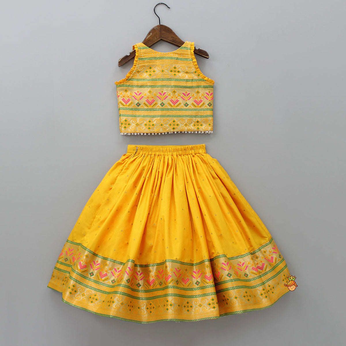 Pre Order: Front Open Brocade Mustard Top And Lehenga