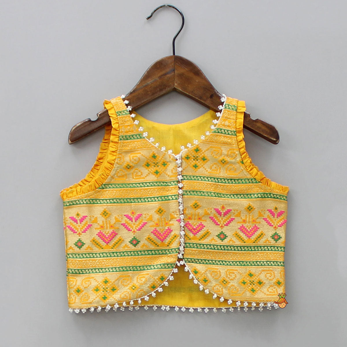 Pre Order: Front Open Brocade Mustard Top And Lehenga