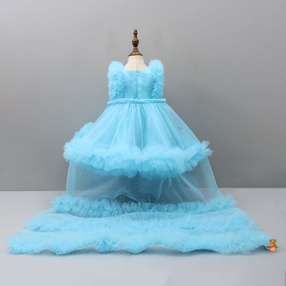 Embroidered Yoke Ruffle Hem Blue Dress With Detachable Trail And Matching Head Band