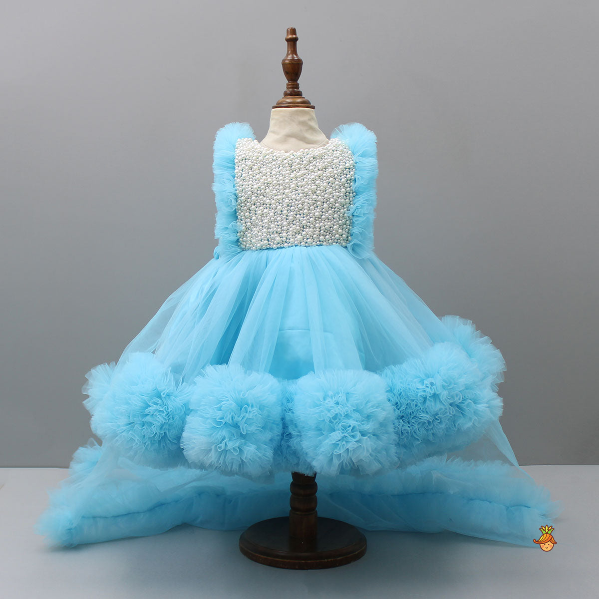 Embroidered Yoke Ruffle Hem Blue Dress With Detachable Trail And Matching Head Band