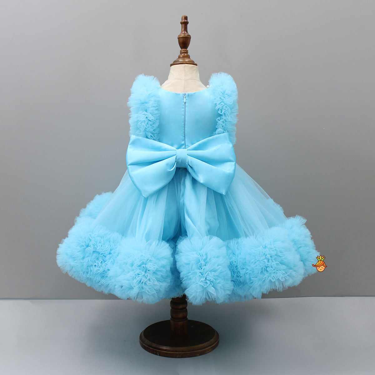 Embroidered Yoke Ruffle Hem Blue Dress With Detachable Trail And Matching Head Band