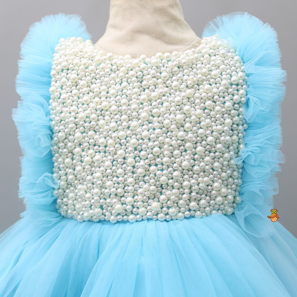 Embroidered Yoke Ruffle Hem Blue Dress With Detachable Trail And Matching Head Band