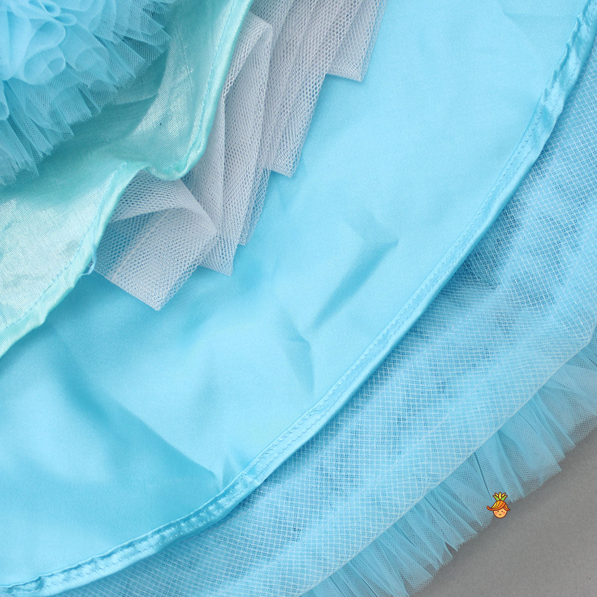 Embroidered Yoke Ruffle Hem Blue Dress With Detachable Trail And Matching Head Band