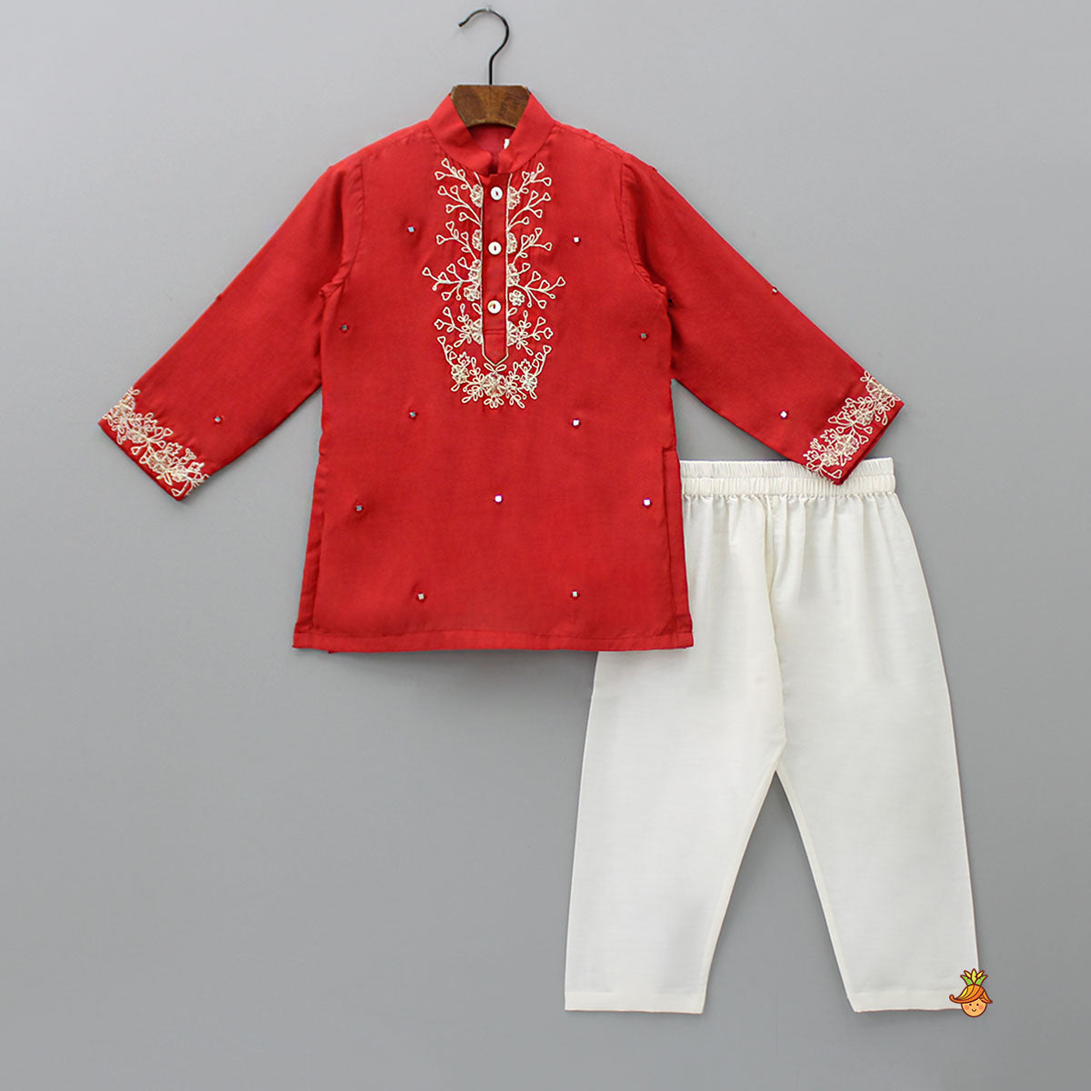 Pre Order: Red Faux Mirror Work Kurta With Pyjama