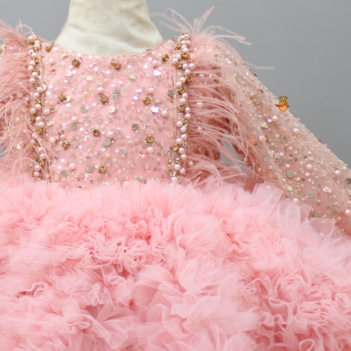 Sequins Embellished Ruffled Peach Dress With Matching Swirled Bowie Headband