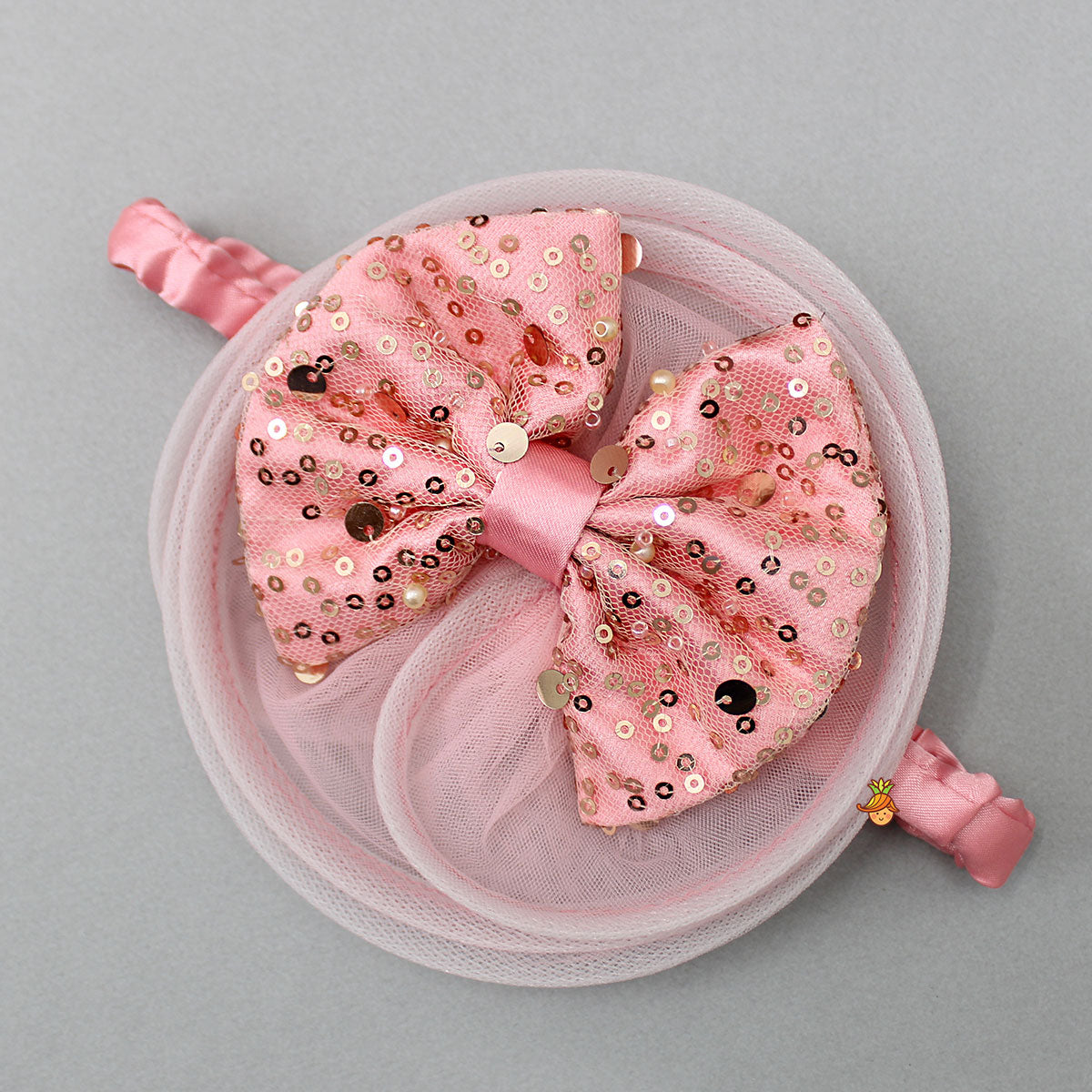 Sequins Embellished Ruffled Peach Dress With Matching Swirled Bowie Headband