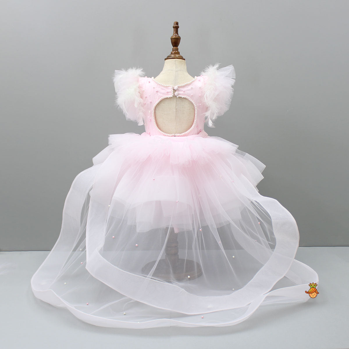 Pre Order: Pleated Yoke Cut-Out Back Pink Dress With Detachable Trail And Matching Headband