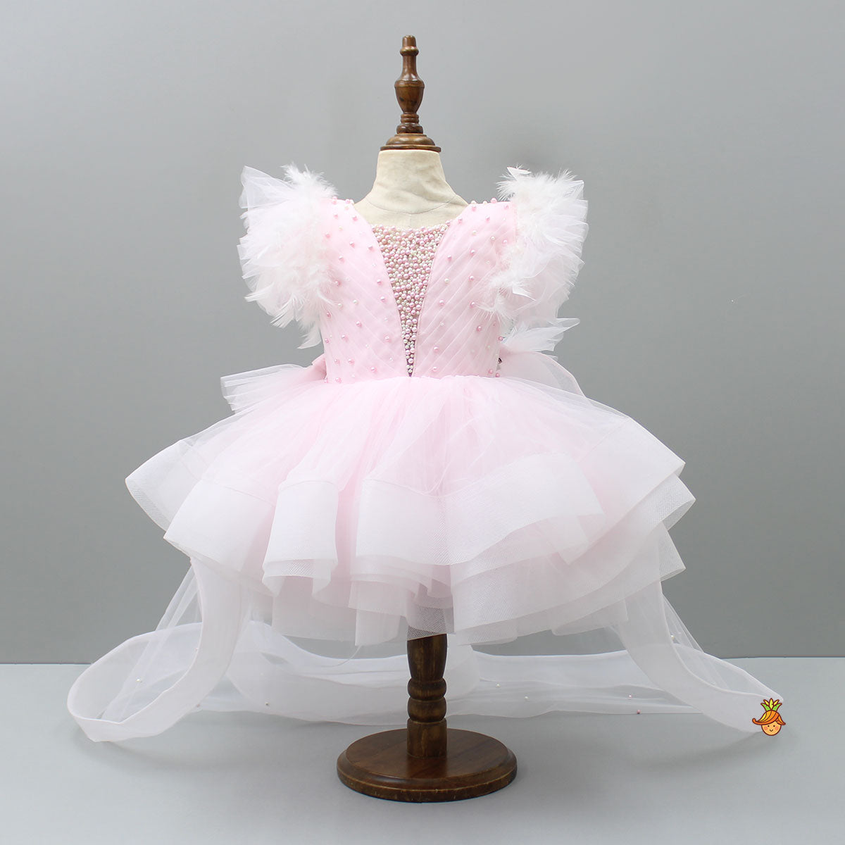 Pre Order: Pleated Yoke Cut-Out Back Pink Dress With Detachable Trail And Matching Headband