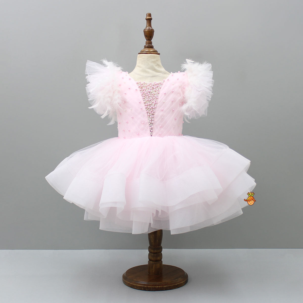 Pre Order: Pleated Yoke Cut-Out Back Pink Dress With Detachable Trail And Matching Headband