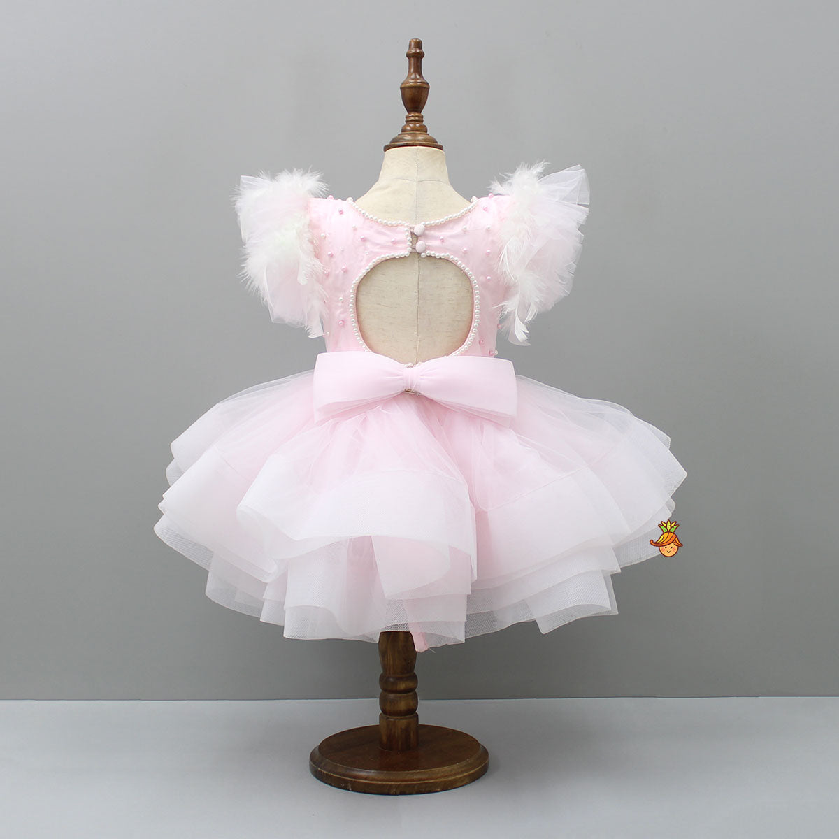 Pre Order: Pleated Yoke Cut-Out Back Pink Dress With Detachable Trail And Matching Headband