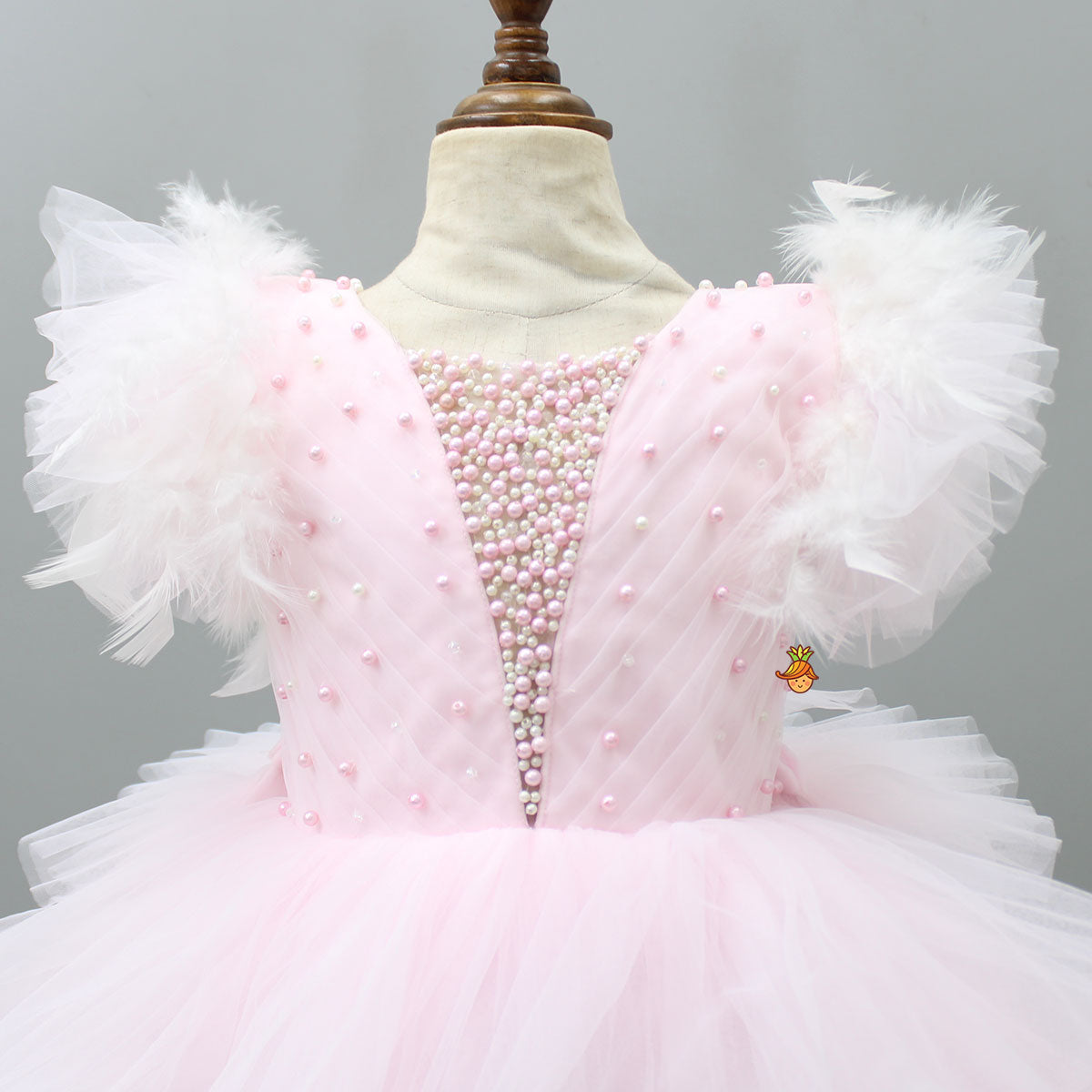 Pre Order: Pleated Yoke Cut-Out Back Pink Dress With Detachable Trail And Matching Headband