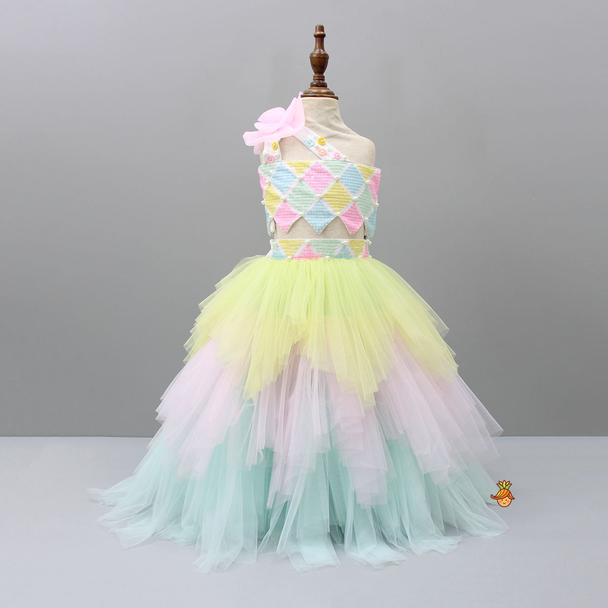 Pre Order: Multicolour Sequined Top And Layered Net Lehenga