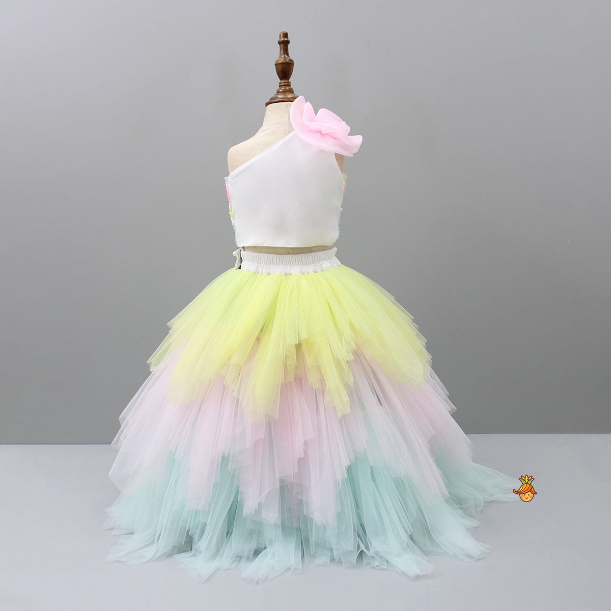 Pre Order: Multicolour Sequined Top And Layered Net Lehenga