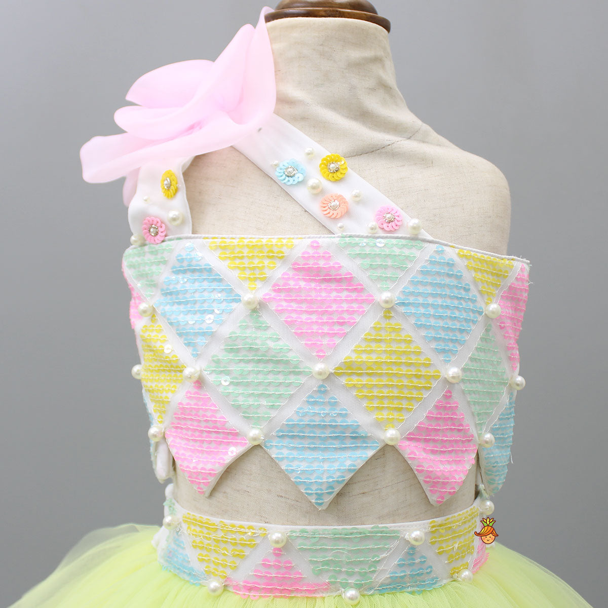 Pre Order: Multicolour Sequined Top And Layered Net Lehenga