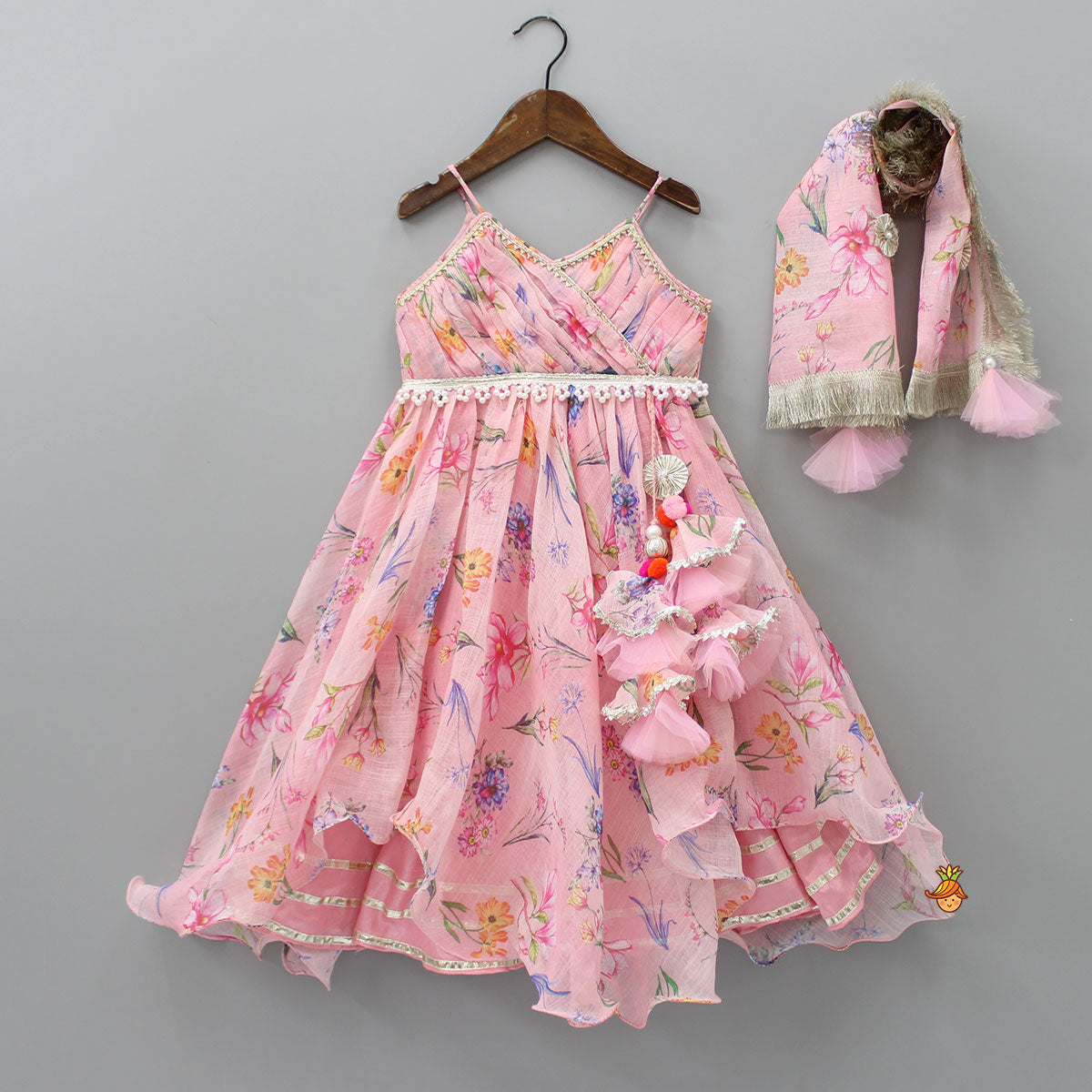 Pre Order: Pleated Yoke Pink Asymmetric Anarkali And Fringed Dupatta
