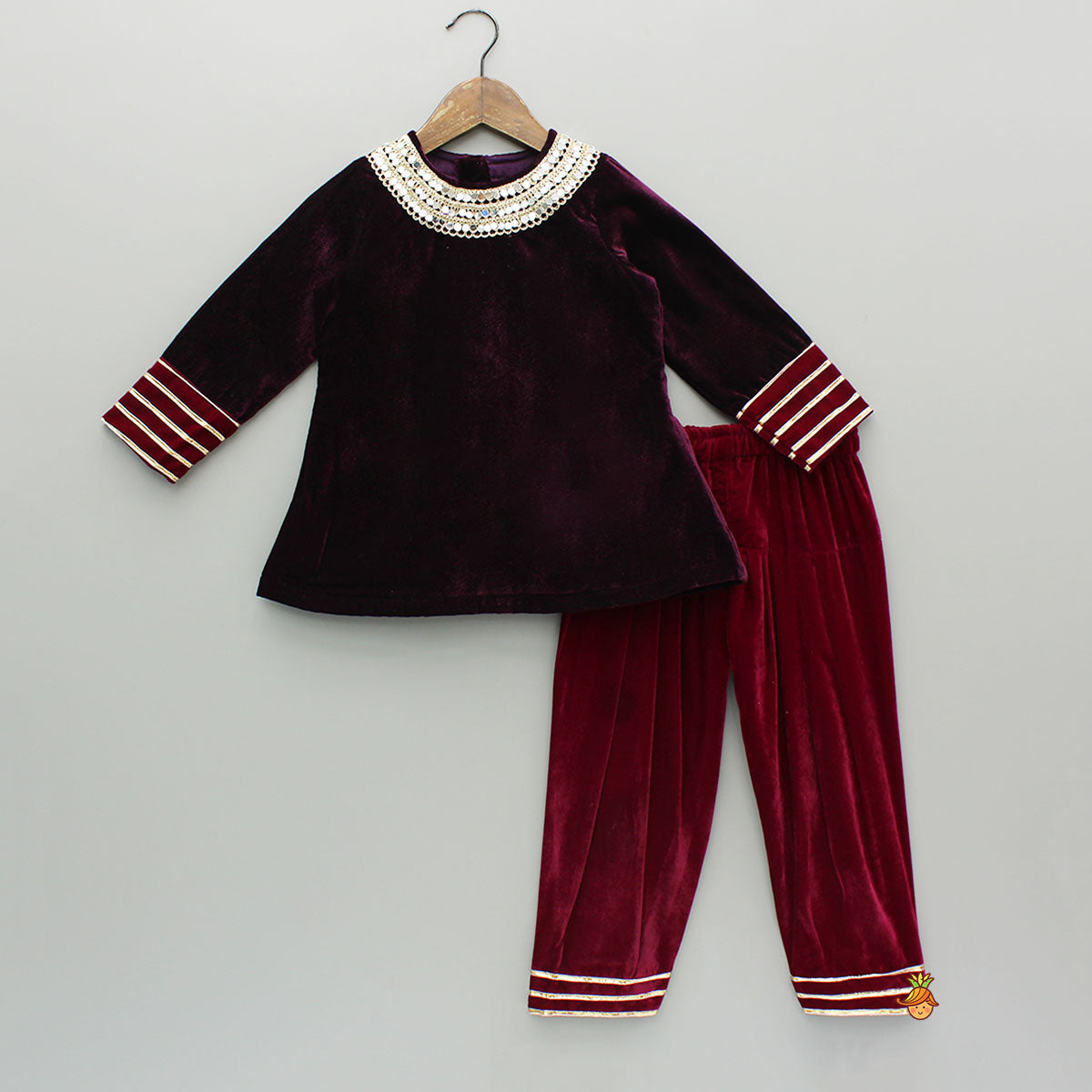 Pre Order: Velvet Mirror And Lace Work Kurti With Salwar