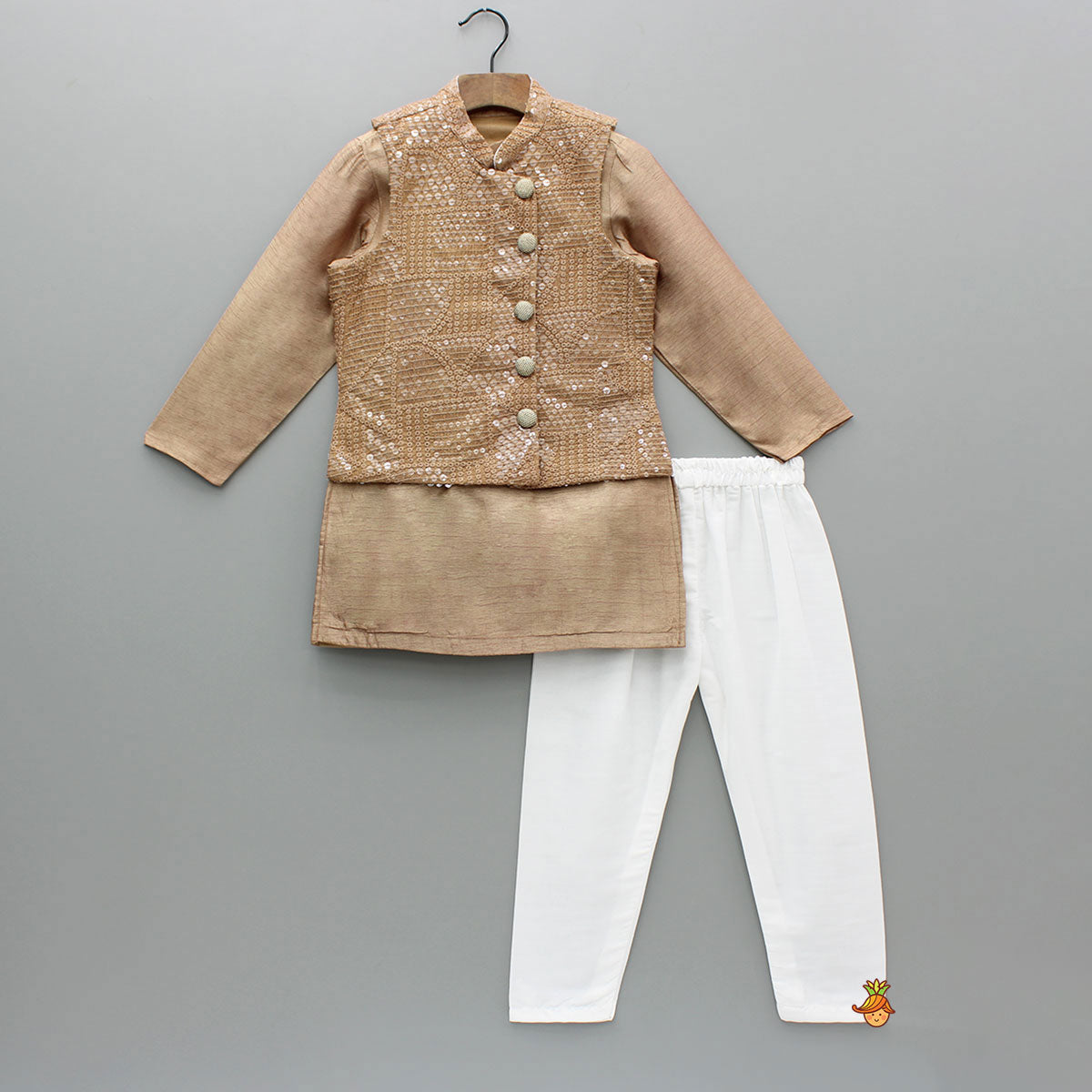 Pre Order: Brown Ethnic Kurta With Embroidered Jacket And Pyjama