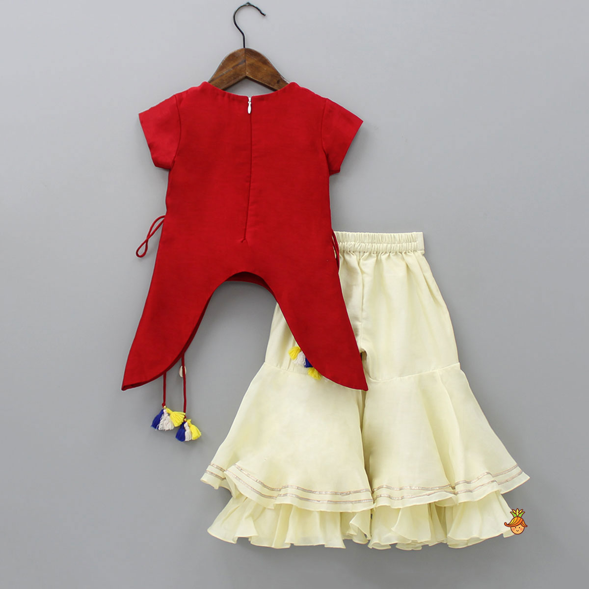 Pre Order: Peacock Embroidered Side Knot Detail Stylish Red Top And Layered Cream Sharara