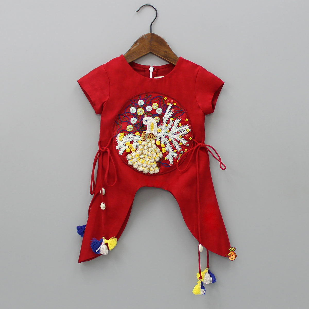 Pre Order: Peacock Embroidered Side Knot Detail Stylish Red Top And Layered Cream Sharara