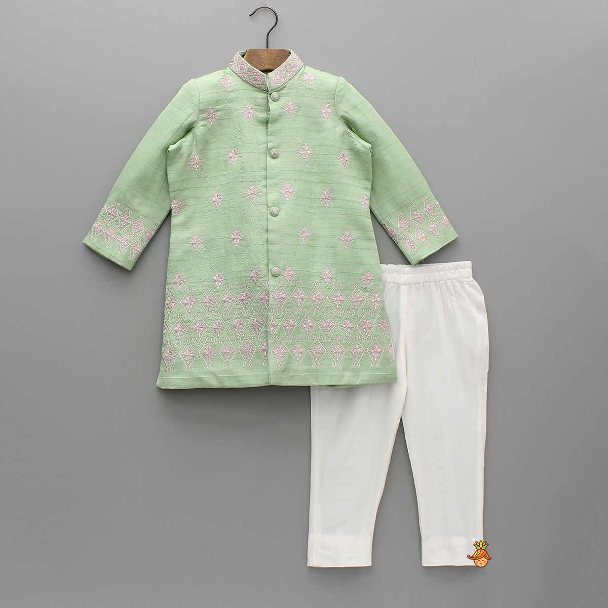 Pre Order: Green Zari And Thread Embroidered Sherwani With Pyjama