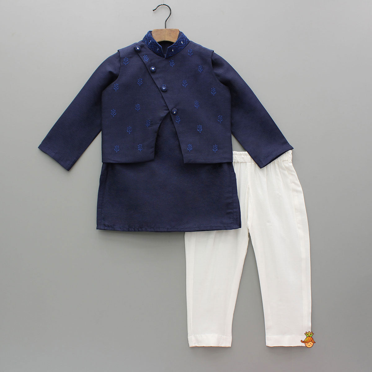 Pre Order: Blue Kurta With Diagonal Button Detail Jacket And Pyjama