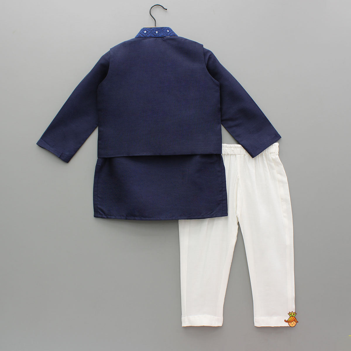 Pre Order: Blue Kurta With Diagonal Button Detail Jacket And Pyjama