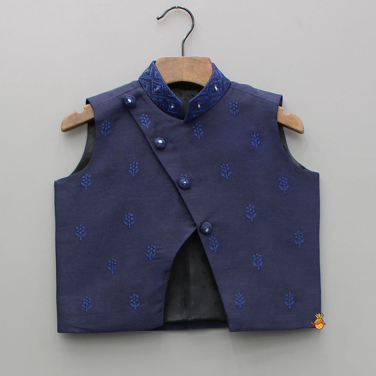 Pre Order: Blue Kurta With Diagonal Button Detail Jacket And Pyjama