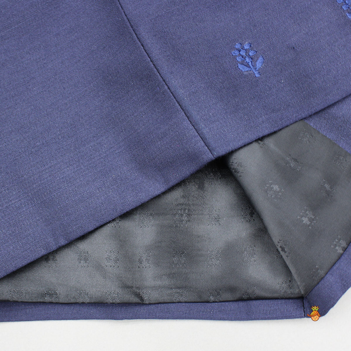 Pre Order: Blue Kurta With Diagonal Button Detail Jacket And Pyjama