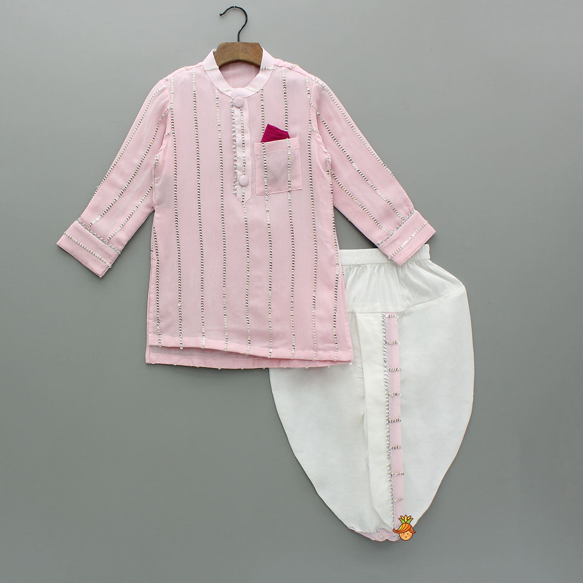 Pre Order: Asymmetric Sequin And Threadwork Kurta With Dhoti