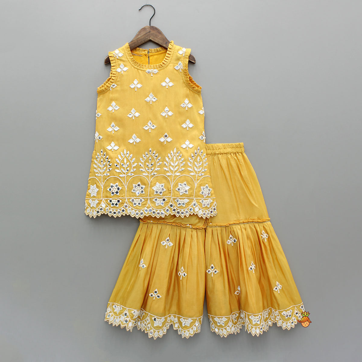 Pre Order: Beautiful Faux Mirror Work Kurti And Pleated Sharara