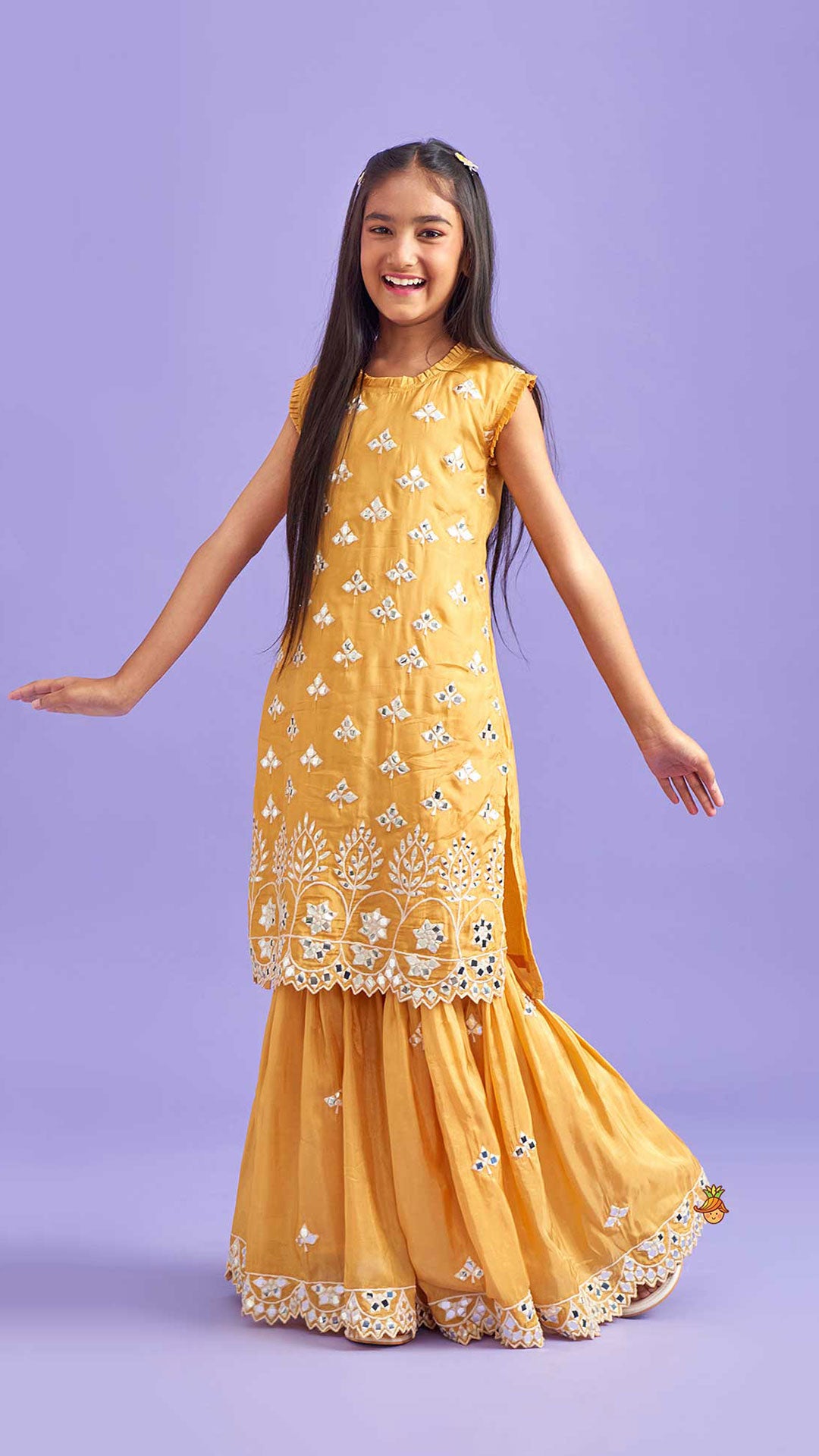 Pre Order: Beautiful Faux Mirror Work Kurti And Pleated Sharara