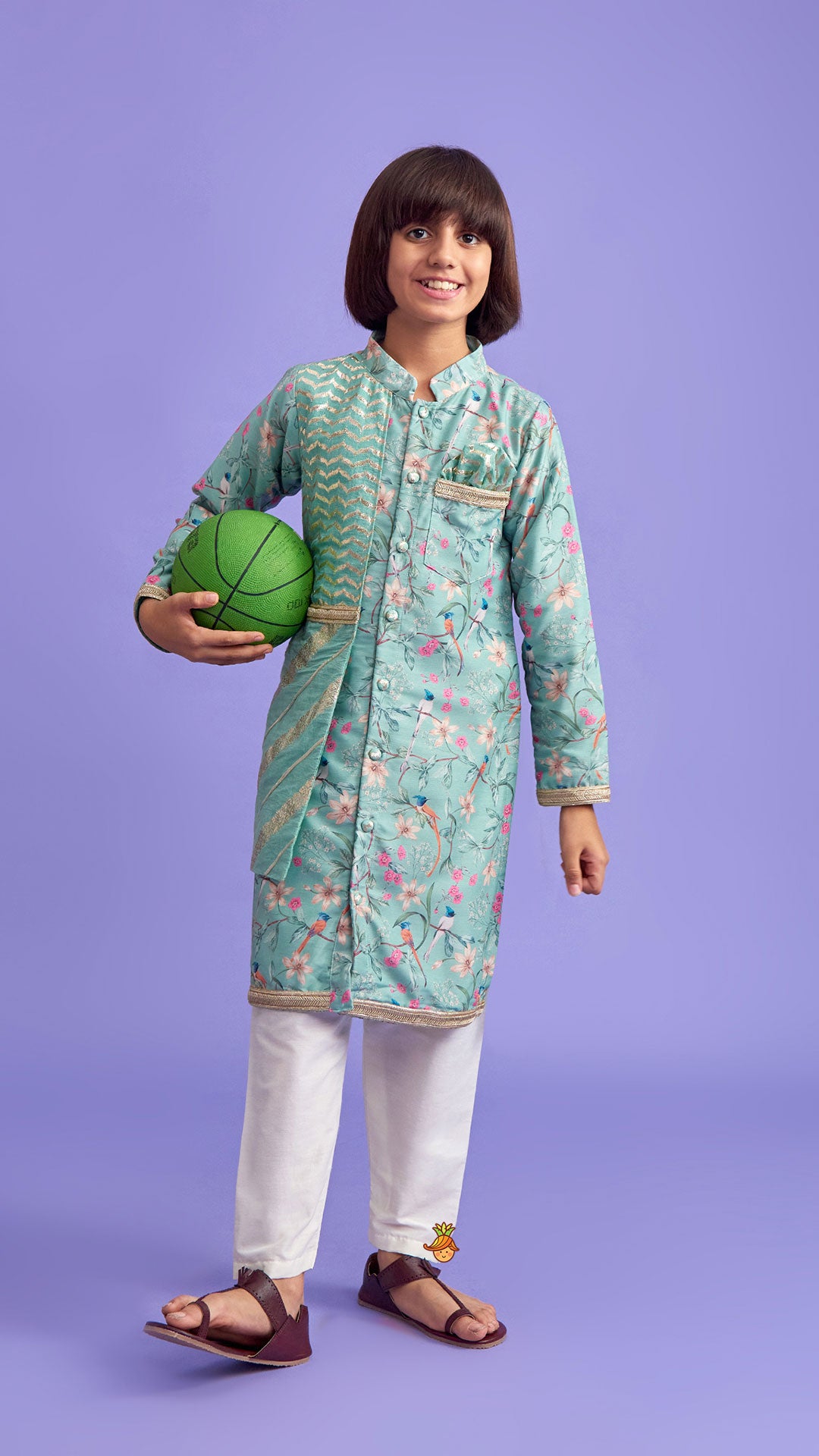 Pre Order: Flap Green Ethnic Kurta And Off White Pyjama