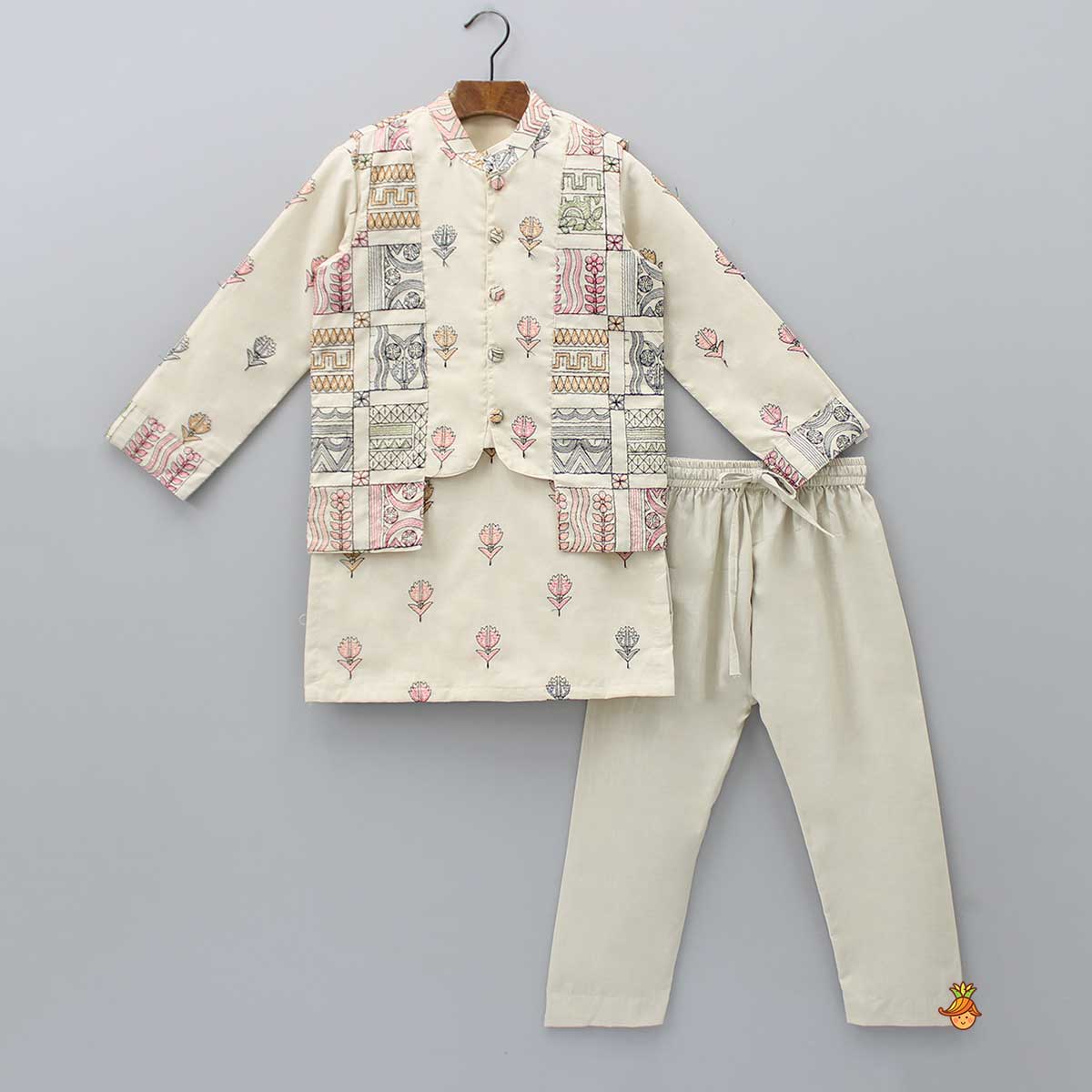 Pre Order: Beige Mandarin Collar Kurta With Stylish Cut Out Jacket And Pyjama