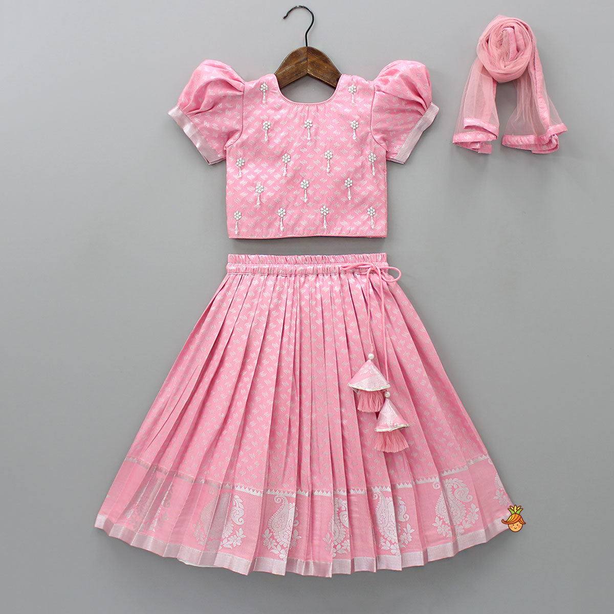Pre Order: Puff Sleeves Pink Top And Pleated Lehenga With Matching Net Dupatta
