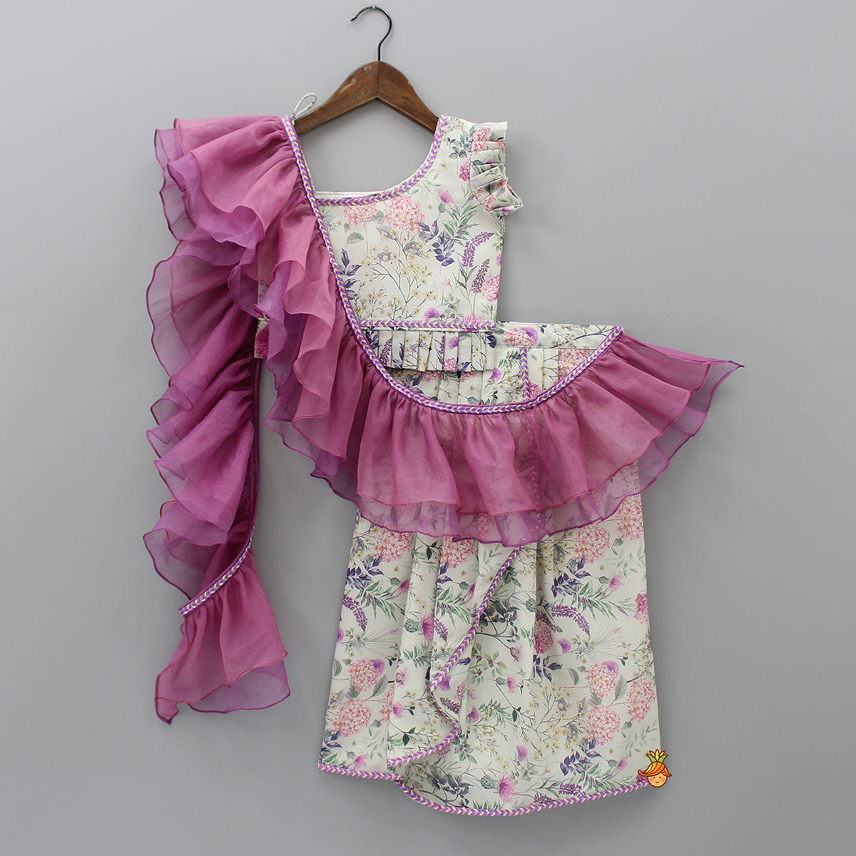 Pre Order: Floral Printed One Shoulder Top And Stylish Front Cut Lehenga With Ruffle Dupatta