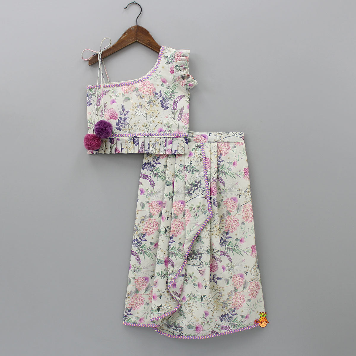 Pre Order: Floral Printed One Shoulder Top And Stylish Front Cut Lehenga With Ruffle Dupatta