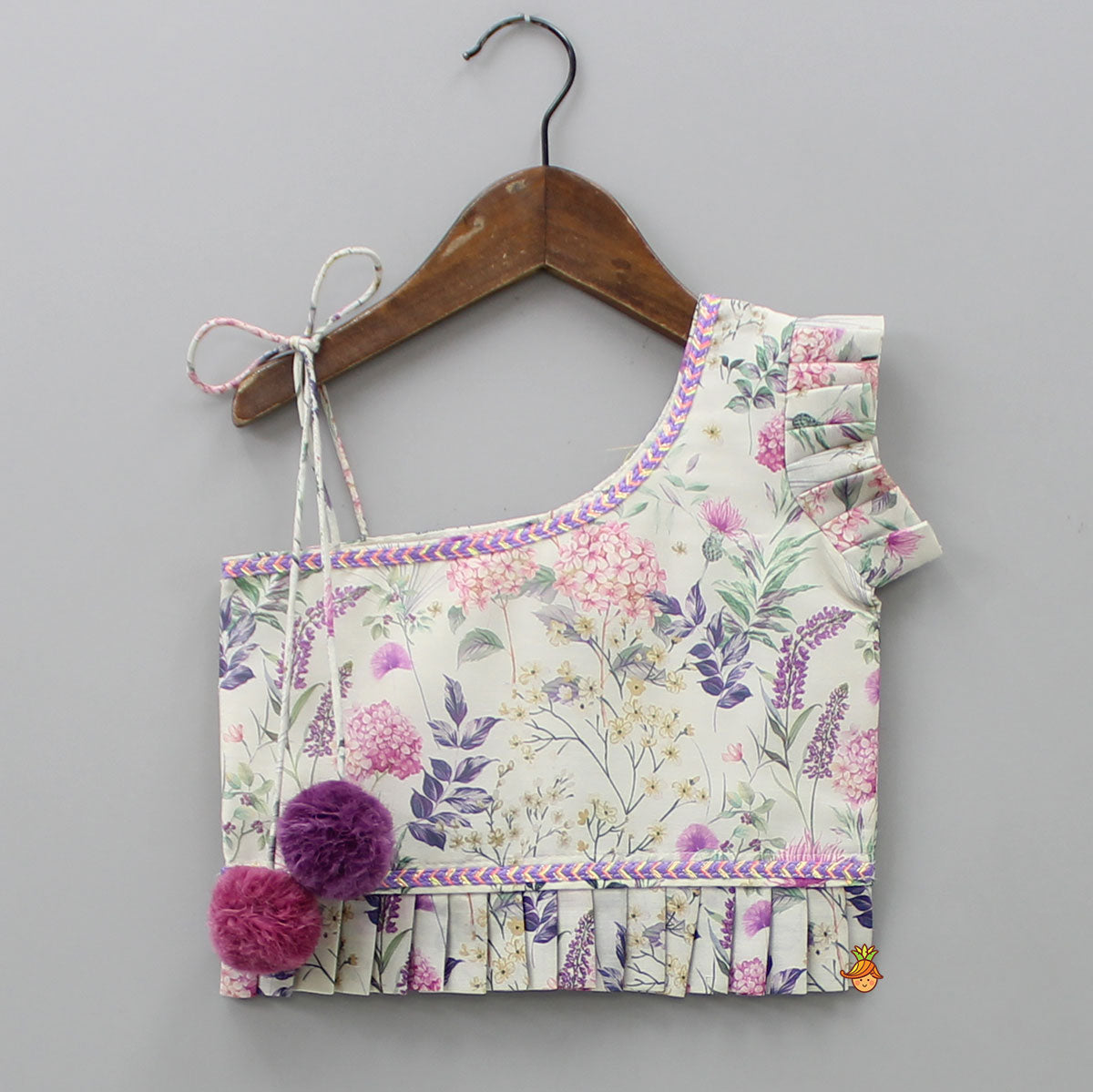 Pre Order: Floral Printed One Shoulder Top And Stylish Front Cut Lehenga With Ruffle Dupatta