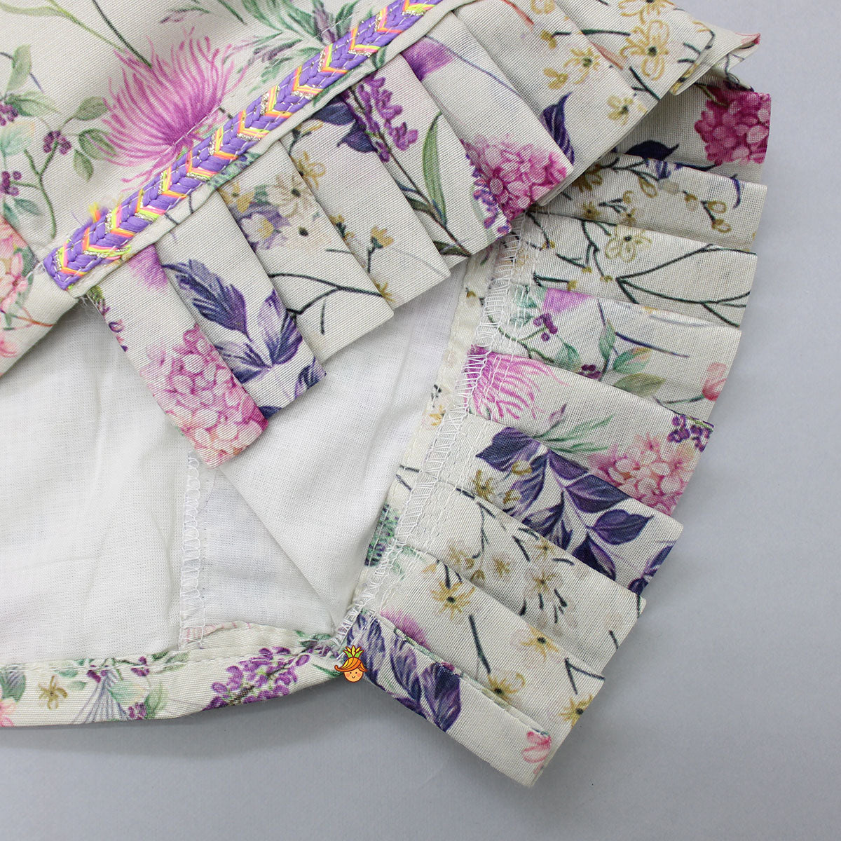 Pre Order: Floral Printed One Shoulder Top And Stylish Front Cut Lehenga With Ruffle Dupatta