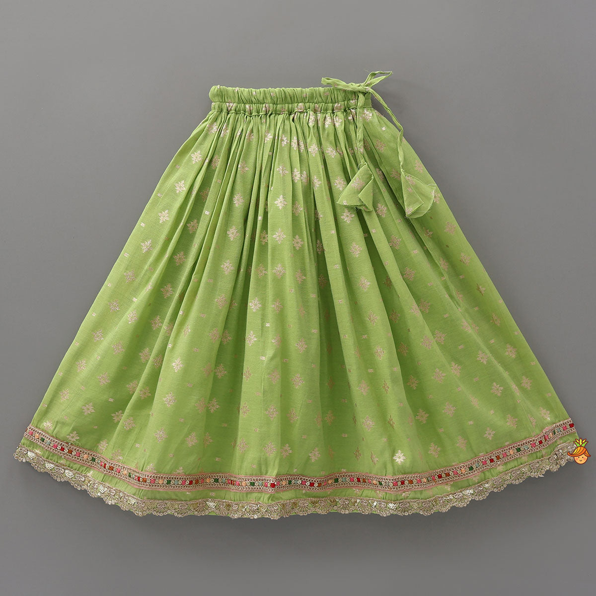 Pre Order: Pleated Hem Green Chanderi Embroidered Top And Lehenga With Net Dupatta