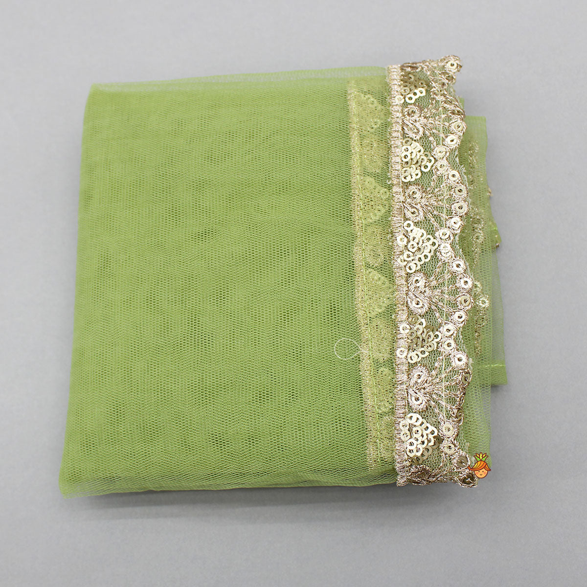 Pre Order: Pleated Hem Green Chanderi Embroidered Top And Lehenga With Net Dupatta