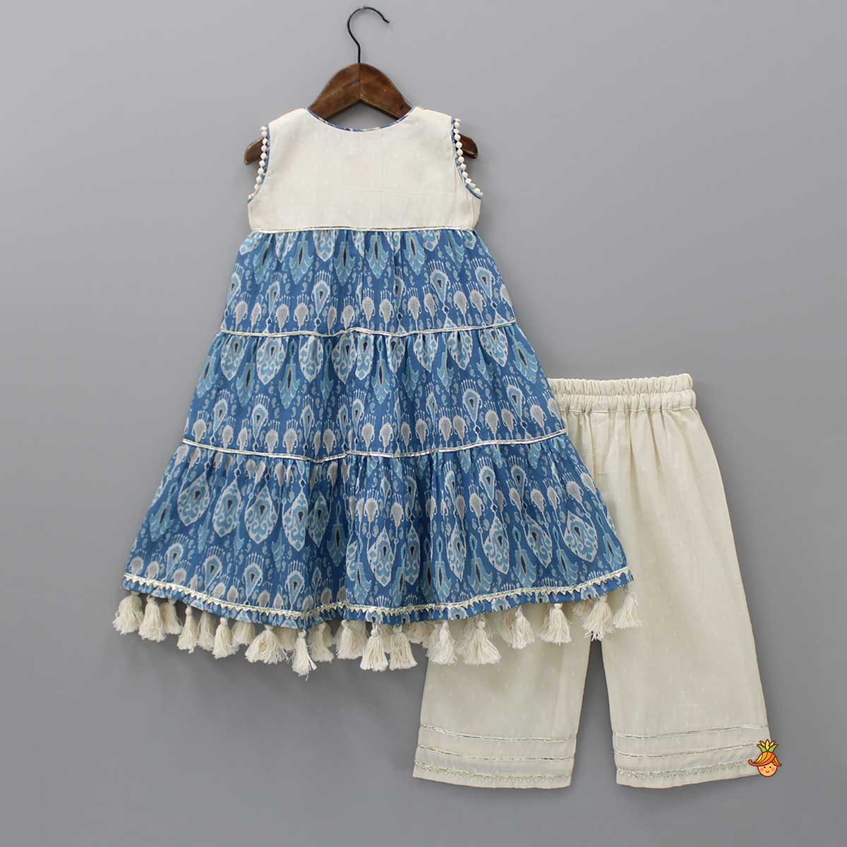 Pre Order: Fringed Hem Flared Dual Tone Kurti And Off White Palazzo