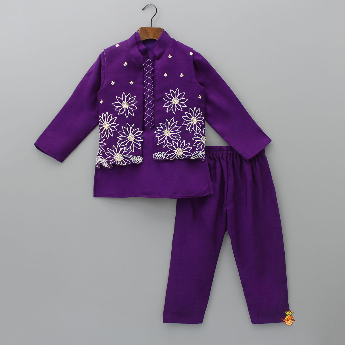 Pre Order: Silk Mandarin Collar Purple Kurta With Open Jacket And Pyjama