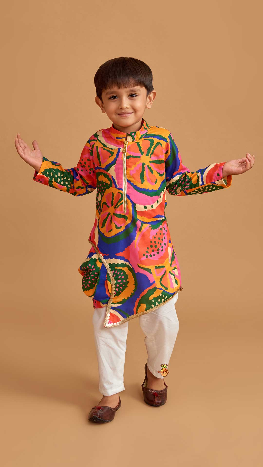 Pre Order: Pleated Stylish Hem Multicolour Kurta And Pyjama
