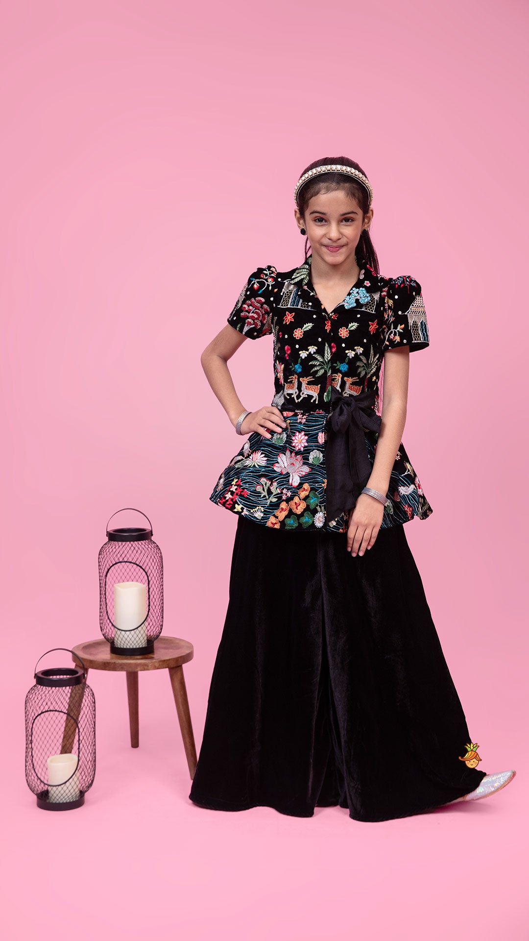 Pre Order: Embroidered Velvet Black Top And Flared Palazzo